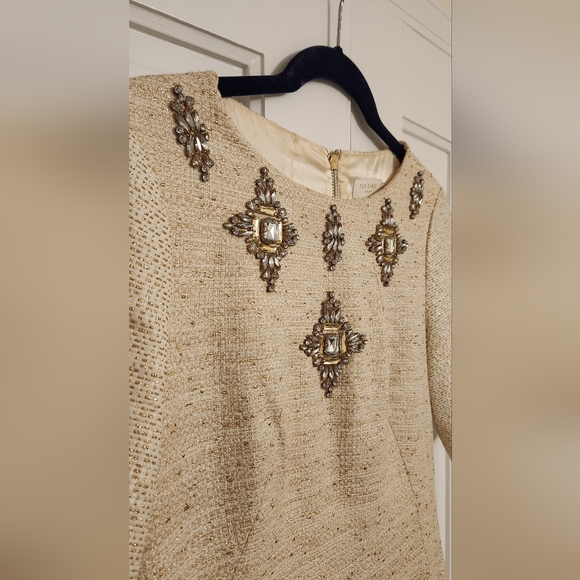 TED BAKER • Gold & Cream Weave Dress with Embellishments, Size 3 (Mediu… - Picture 3 of 8